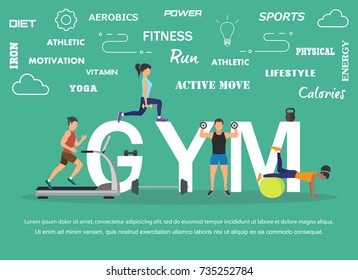 Vector illustration of young people doing workout with equipment. Flat design .