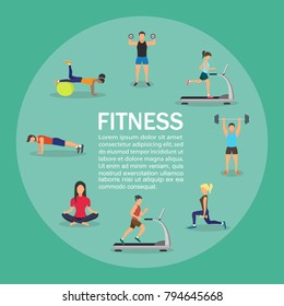 Vector illustration of young people doing workout with equipment. Infographic