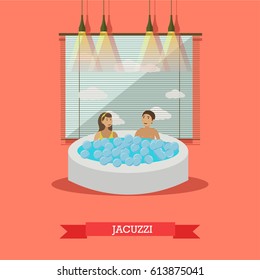 Vector illustration of young people enjoying jacuzzi. Hot tub spa services concept design elements in flat style.