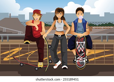 A vector illustration of young people hanging out outside with skateboard