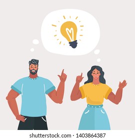 Vector illustration of Young people have idea. Couple having solution, ideas lamp bulb metaphor in speech bubble above. Solved question. Creative thinking. Man and woman on white background.