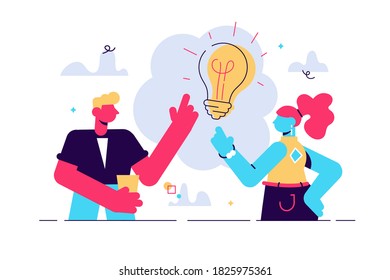 Vector illustration of Young people have idea. Couple having solution, ideas lamp bulb metaphor in speech bubble above. Solved question. Creative thinking. Man and woman on white background.