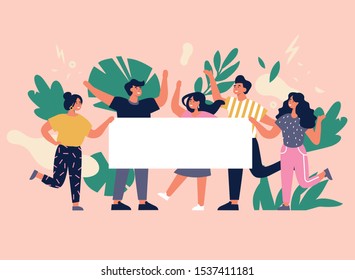 Vector illustration young people having great time and holding empty placard or banner. Positive emotions concept. Group of characters enjoying themselves and celebrating