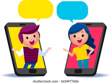 Vector illustration of young people having conversation through application on smartphone