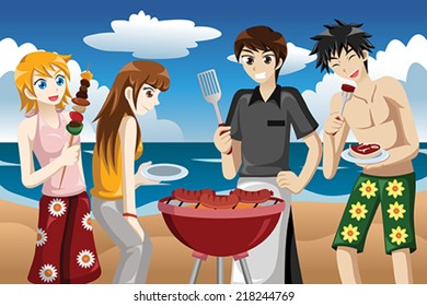 A vector illustration of young people having a bbq on the beach