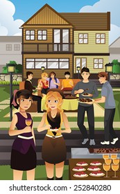 A vector illustration of young people having garden party
