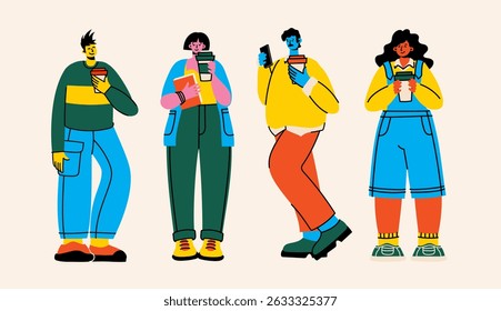 Ilustração vetorial de jovens fazendo pausa para o café, bebendo café, conversando e conversando