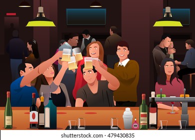 A vector illustration of young people having fun in a bar