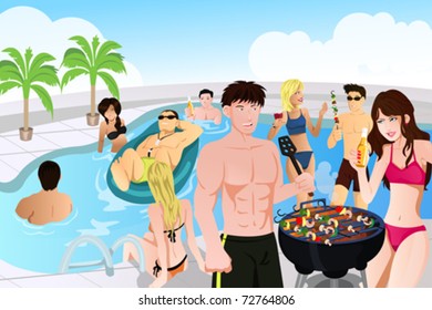 A vector illustration of young people having a pool and barbeque party