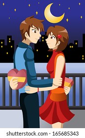 A vector illustration of young people holding a gift behind their back celebrating Valentine day