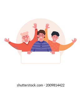 Ilustración vectorial de los jóvenes sostiene un cartel o afiche en blanco con espacio para su texto.  Ilustraciones para publicidad, promoción, papel en blanco, páginas de inicio, interfaz de usuario