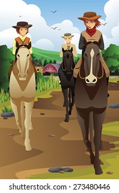 A Vector Illustration Of Young People Horseback Riding In A Ranch