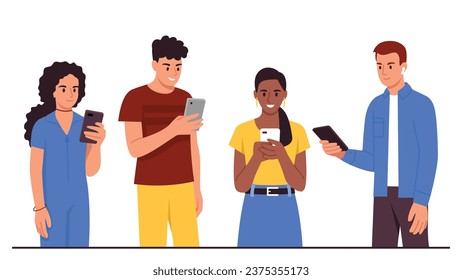 Imagen vectorial de jóvenes mirando teléfonos inteligentes. Escena de caricaturas con sonrientes niñas y niños de diferentes nacionalidades sosteniendo y mirando los smartphones aislados en fondo blanco.