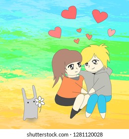 Vector illustration of young people in love on a white background