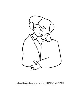 Vector illustration of young people in love in doodle style. Gay people kissing and hugging hand drawn. Two men on Valentine's Day black line. Design for cards, posters, articles, social networks.