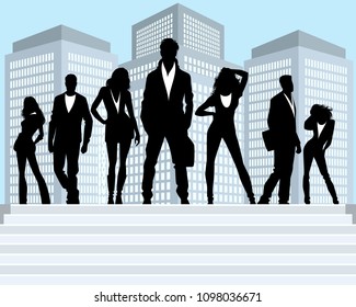 Vector illustration of young people on the background city