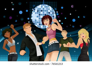 A vector illustration of young people partying and dancing in a disco club