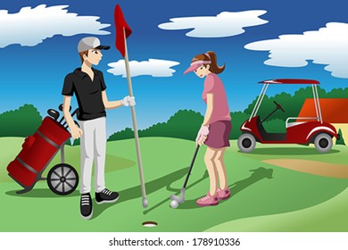 A vector illustration of young people playing golf together