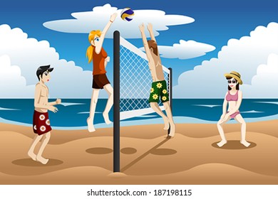A  vector illustration of young people playing beach volleyball