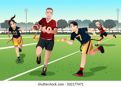 A Vector Illustration Of Young People Playing Flag Football