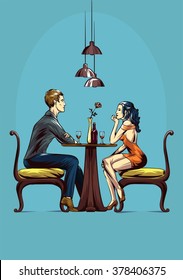 Vector illustration of young people in a restaurant. Couple sitting in a chair and drinking wine under decorative lamps. Romantic postcard with love theme in blue color.