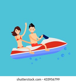 Vector illustration of young people riding jet ski - illustration in simple trendy flat style