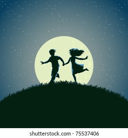 Vector illustration, young people running under the moonlight, card concept.