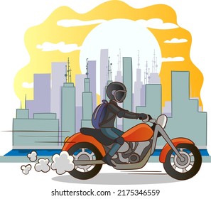 vector illustration of young person riding motorcycle in the city