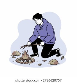 Vector illustration of a young person roasting a marshmallow over a campfire.