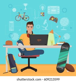 The vector illustration of a young person sitting at the laptop in the room. Boy gamer.