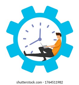 Vector illustration of a young person working at a computer in a network, teamwork, student