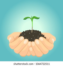 Vector illustration of young plant with ground in hands. Enviroinment prtotection concept. Palms holding a sprout in flat style. 