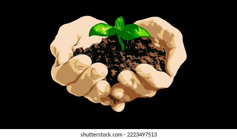 Vector illustration of young plant with ground in hands