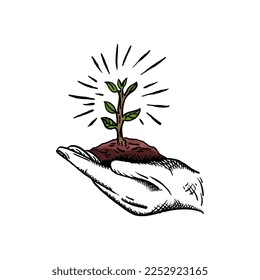 Vector illustration of young plant with ground in hand. Hands and plant sketch vector illustration. Environment protection, business concept