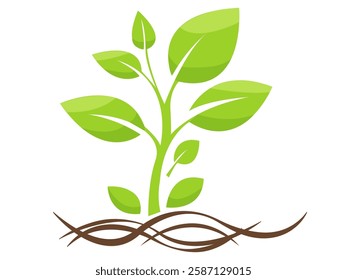 Vector illustration of a young plant sprouting from rich soil with green leaves and roots in a simple, modern style