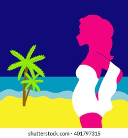 Vector illustration of a young pregnant woman standing on a beach with palms. Pregnant lady silhouette. Pregnant woman at the seaside. Prenatal health. Pregnant lady in a swimsuit.