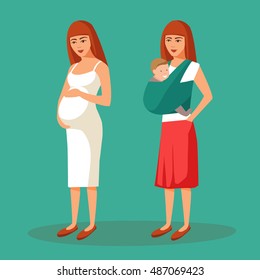 Vector illustration of a young pregnant woman in a white dress and a young woman carrying child in a baby sling