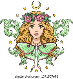 Vector illustration of young pretty girl in wreath with baroque elements, moon, luna moth and stars. Template for card, poster, banner, print for t-shirt. 