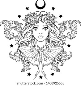 Vector Illustration Of Young Pretty Girl In Wreath With Baroque Elements, Moon, Luna Moth And Stars. Black Outline For Coloring