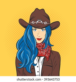 Vector illustration young pretty girl in cowboy hat  Pop art style  Wild West 