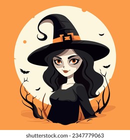 Vector illustration of young pretty witch wearing witch's hat. Moon, dry tree branches and bat. Halloween party concept. Cartoon style. For logo, poster, banner, card, event elements, stuff, ticket.