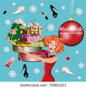 vector illustration with a young pretty woman with boxes, sale advertising 