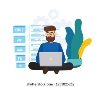 Vector illustration the young programmer engineerin coding new project. Programming and software concept.  Flat design. EPS 10.