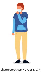 Vector illustration of young red haired man in hoodie wearing face medical mask is coughing at white background. Viral pandemic. Coronavirus 2019-ncov flu. Respiratory protection from virus pandemia