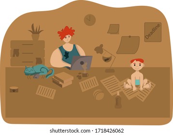 Vektorgrafik eines jungen, zu Hause arbeitenden Rothaarigen, eines auf einem Schreibtisch sitzenden Kindes und einer schlafenden Katze, Stapel von Dokumenten. Das Konzept der Schwierigkeiten, von zu Hause aus zu arbeiten.