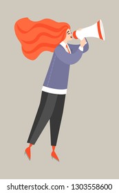 Vector illustration of a young red-haired woman talking by megaphone. Cartoon character for use in banners or presentations