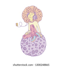 Vector Illustration of Young redhead Girl with Headphones, sitting on pink cartoon moon and listening music. Teenage young musical girl in bright colors, rebel girl illustration. Young teen girl