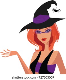 Vector illustration of young redheaded adorable witch in hat with spider, fashioned glasses and opened top with hand up isolated on white background. Clip art. 