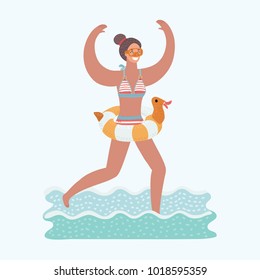 Vector illustration of young rejoice woman running in sea water with diving mask on her face and diving tube in his hand. Rubber duck inflatable ring on her waist