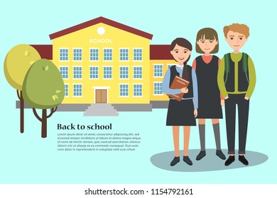 Vector illustration of a young school kids and school building. Back to school template. 